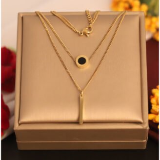 22k Gold Plated Double Layered Chain Neckalce with Black Enamel Circle and Pipe Pendant