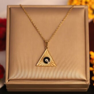 22k Gold Plated Chain Necklace with Triangle Black Evil Eye Pendant