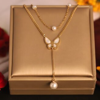 22k Gold Plated Dual Layered Necklace with Butterfly and Pearl Pendant
