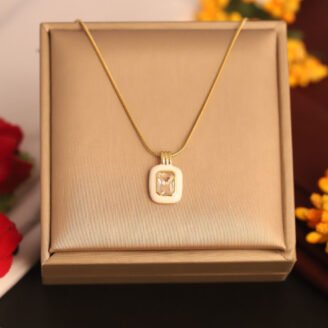 22k Gold Plated Chain Necklace with White & Gold Square Pendant