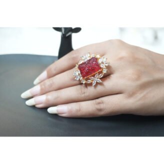 Red Square Floral Kundan Ring