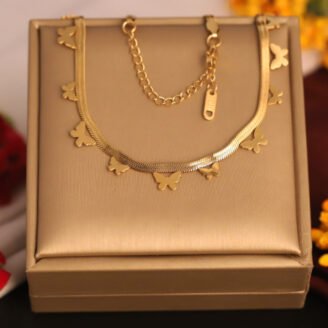 22k Gold Plated Small & Big Butterfly Charms Snake Chain Necklace