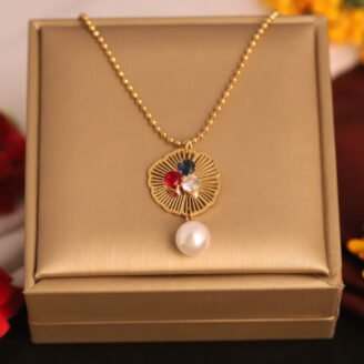 22k Gold Plated Necklace with Tricolour Bloom Pearl Pendant