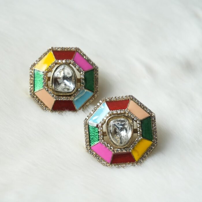 Multi Color Enamel Kundan Stud Earrings