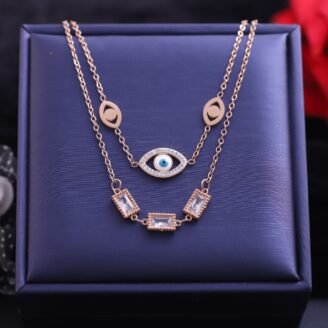 18k Rose Gold Plated Chain Necklace with Evil Eye & Rectangular Gemstone Pendant