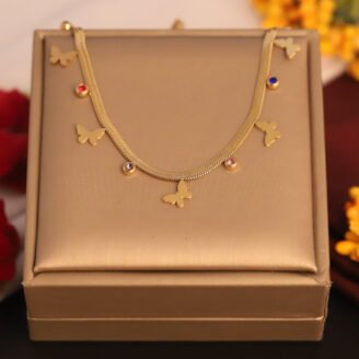 22k Gold Plated Butterfly & Multi Colour Zirconia Charm Snake Chain Necklace