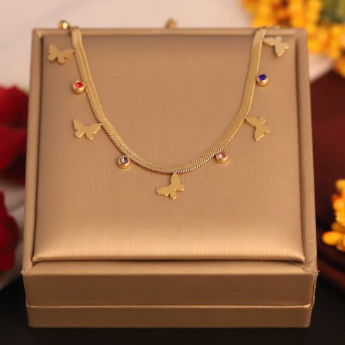 1f59DAFgHwrR-aA4RXv2LYS4PlxEFqB9F.jpg 22k Gold Plated Butterfly & Multi Colour Zirconia Charm Snake Chain Necklace