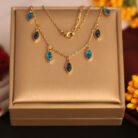 22k Gold Plated Necklace with Multiple Blue Marquise Shaped Charms