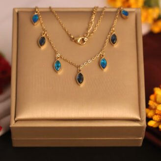 22k Gold Plated Necklace with Multiple Blue Marquise Shaped Charms