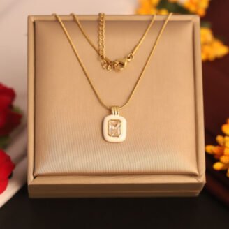 22k Gold Plated Chain Necklace with White & Gold Square Pendant