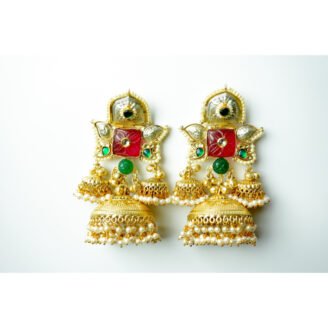 Green Red Stone & Pearl Jhumka Earrings