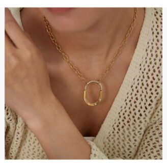 22k Gold Plated Chain Necklace with Stoned Oval Pendant