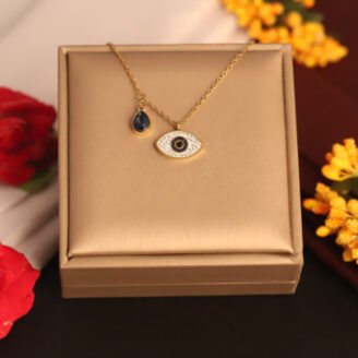 22k Gold Plated Chain Necklace with Blue Droplet and Evil Eye Pendant