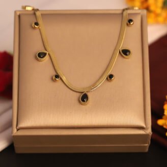 22k Gold Plated Black Oval & Round Stone Snake Chain Necklace