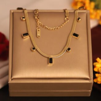 22k Gold Plated Black & Round Accents Snake Chain Necklace