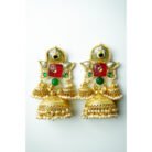 Green Red Stone & Pearl Jhumka Earrings