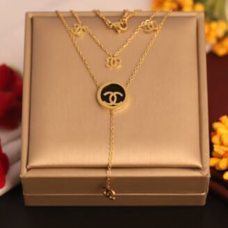22k Gold Plated Dual Layered Chain Necklace with Chanel Charms Pendant