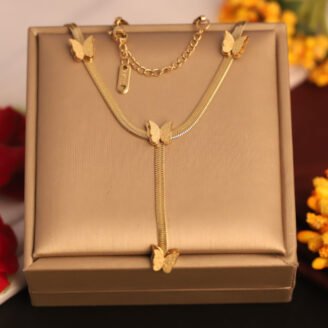 22k Gold Plated Snake Chain Neckalce with Multiple Butterfly Pendant