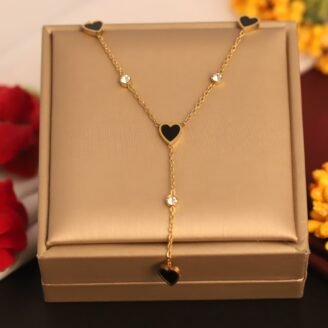 22k Gold Plated Chain Neckalce with Black Heart Enamel Pendant