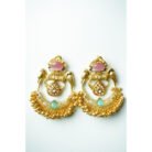 Pink & Green Chandbali Bird Motif Earrings