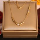 22k Gold Plated Chain Necklace with Cylindrical & Pearl Accents