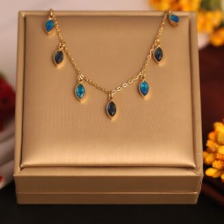 22k Gold Plated Necklace with Multiple Blue Marquise Shaped Charms