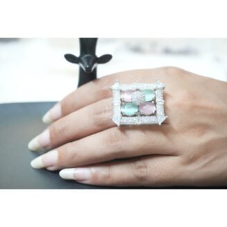 Silver Pink & Green Oval Ring