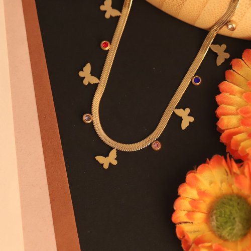 1sD52es351jJFL9xH76_c-Fqh6mCRKJoE.jpg 22k Gold Plated Butterfly & Multi Colour Zirconia Charm Snake Chain Necklace