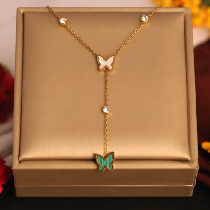 22k Gold Plated Duo Butterfly Chain Necklace with Butterfly Drop