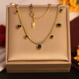 22k Gold Plated Black Oval & Round Stone Snake Chain Necklace