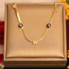 22k Gold Plated Evil Eye Charm Snake Chain Necklace with Butterfly Pendant