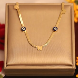 22k Gold Plated Evil Eye Charm Snake Chain Necklace with Butterfly Pendant