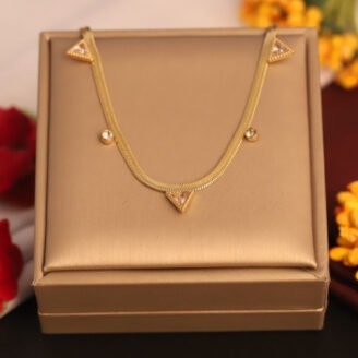 22k Gold Plated Triangle Stone & Small Zirconia Snake Chain Necklace
