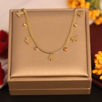 22k Gold Plated Butterfly Charms with Multi Colour Zirconia Snake Chain Necklace