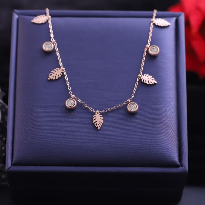 18k Rose Gold Plated Leaf-Shaped Charms & Zirconia Necklace