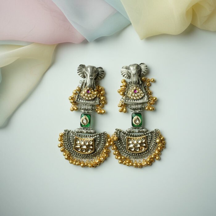 Long Dual Tone Elephant Polki Kundan Earrings
