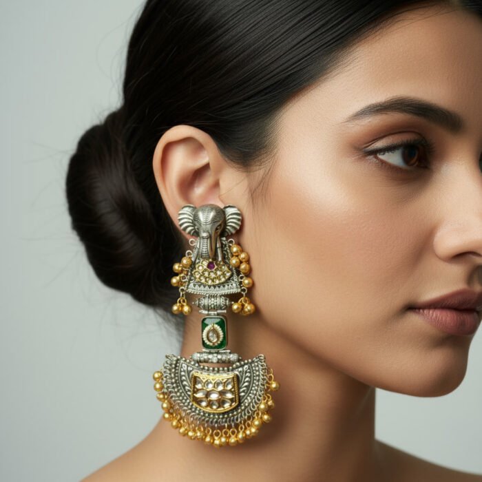 Long Dual Tone Elephant Polki Kundan Earrings