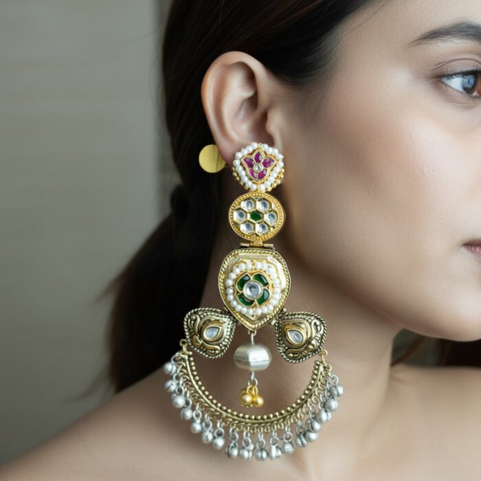 Long Dual Tone Multi-Color Pearl Stone Earrings