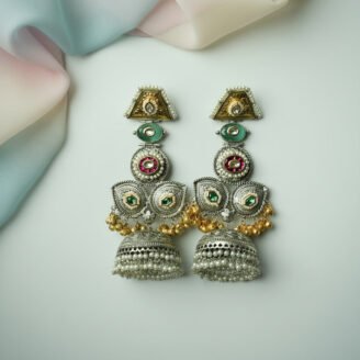 Long Dual Tone Stone Beads Drop Earrings