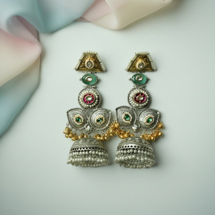 Long Dual Tone Stone Beads Drop Earrings