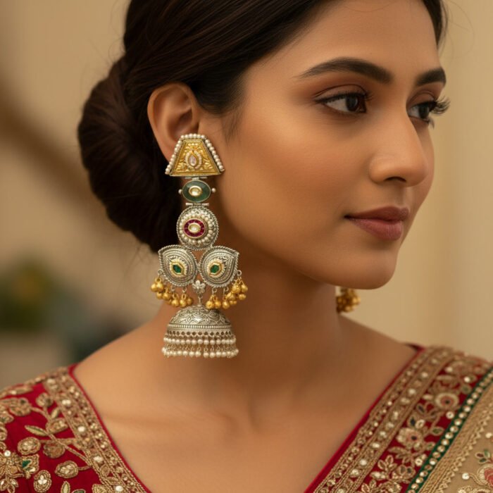 Long Dual Tone Stone Beads Drop Earrings