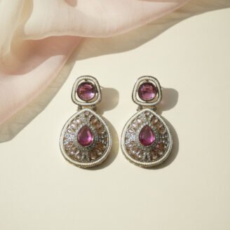Pink Crystal Dangler Golden Earrings