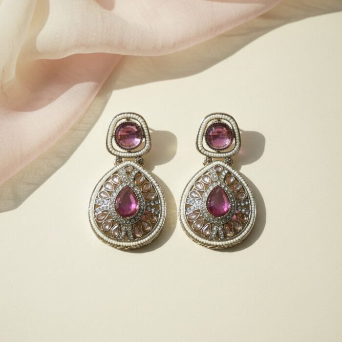 Pink Crystal Dangler Golden Earrings