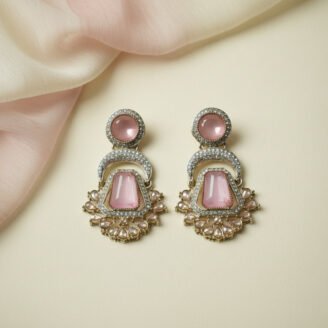 Pink Stone Pakistani Dangle Golden Earrings