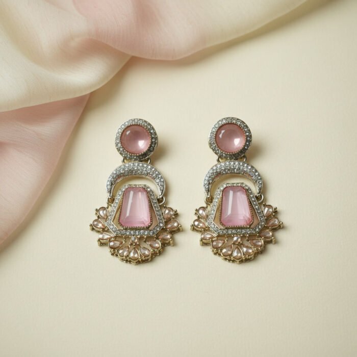 Pink Stone Pakistani Dangle Golden Earrings