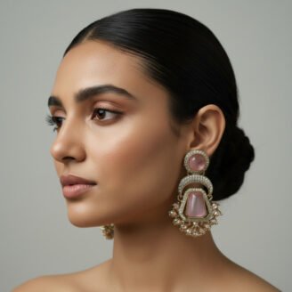 Pink Stone Pakistani Dangle Golden Earrings