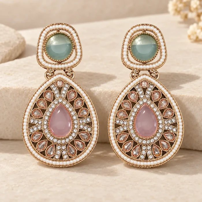 Dual Crystal Dangler Golden Earrings