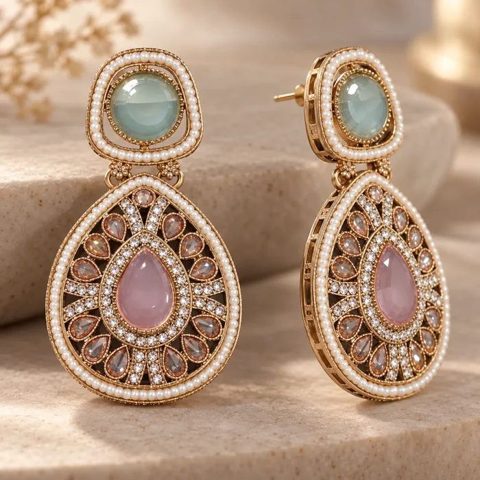 Dual Crystal Dangler Golden Earrings