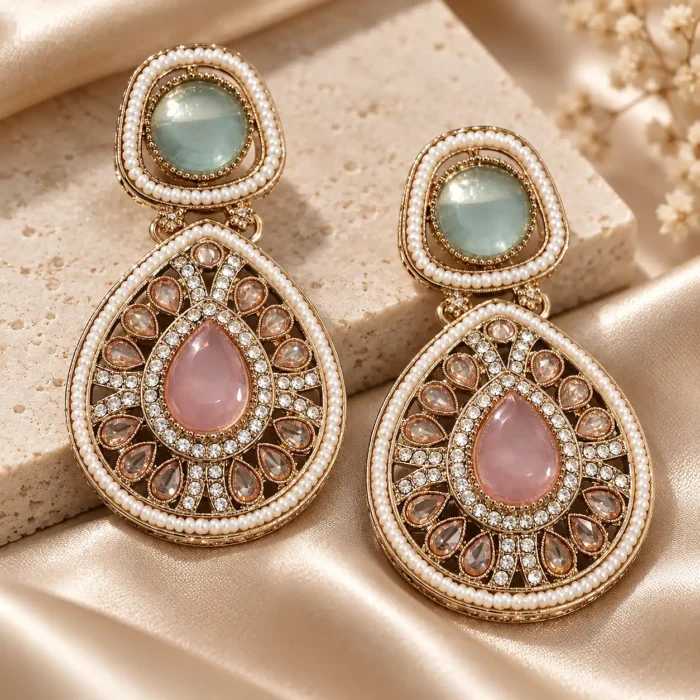 Dual Crystal Dangler Golden Earrings