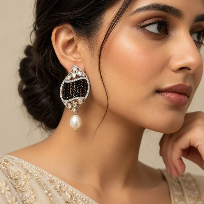 Black Leaf Shaped Pearl Drop Earrings Black Leaf Shaped Pearl Drop Earrings